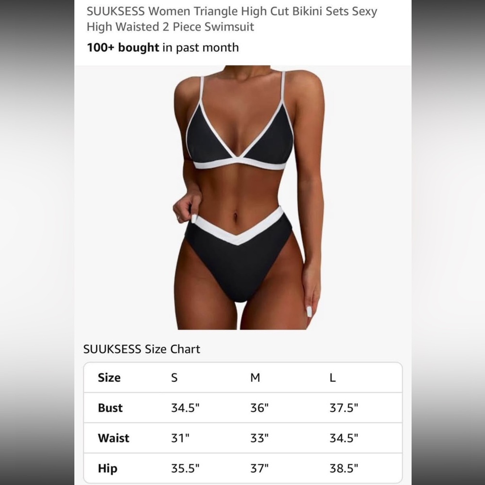SUUKSESS Black and White Triangle High Cut Bikini Set, Women's Small